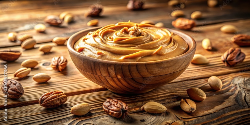 Poster a bowl of creamy peanut butter surrounded by shelled pecans on a rustic wooden table