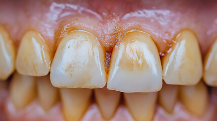 Problematic dirty teeth closeup, concerning disease caries decay enamel, deteriorating unhealthy yellow plaque hygiene, medical bacteria, dental treatment clinical