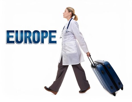 Female doctor leaving europe with rolling suitcase, medical brain drain concept