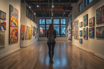 Art lover contemplating colorful paintings in an exhibition