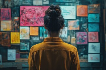 Obraz premium Artist looking at mood board with colorful drawings and sketches