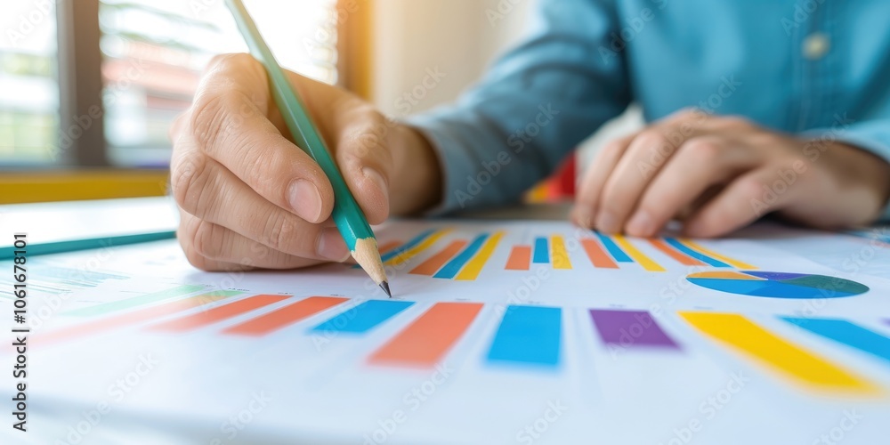 Poster a person sketches on a colorful graph sheet with a pencil, focused on data analysis while seated at 
