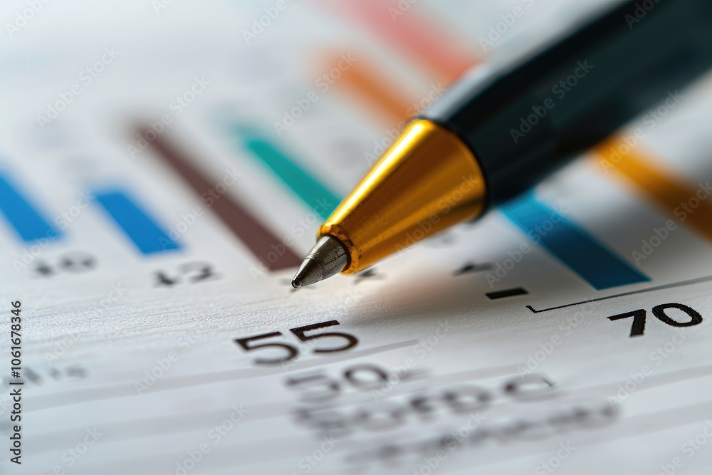 Poster close-up of a pen on a financial report showing bar graphs and numerical data, highlighting analysis