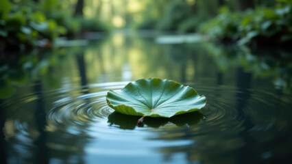 A single lily pad floating on a pond's surface, creating gentle ripples.