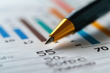 Close-up of a pen on a financial report showing bar graphs and numerical data, highlighting analysis and precision in presentation.