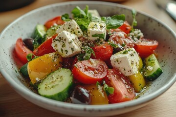 Fresh greek salad with tomatoes, cucumbers, olives, and feta cheese in a bowl