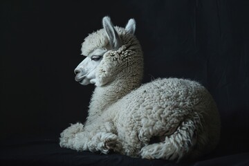 Obraz premium A white llama resting on a dark backdrop