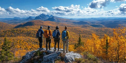 Obraz premium Hikers enjoying panoramic view of autumn mountains in the laurentians, quebec, canada