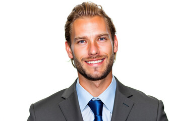 Portrait of smiling businessman wearing suit and tie on white background