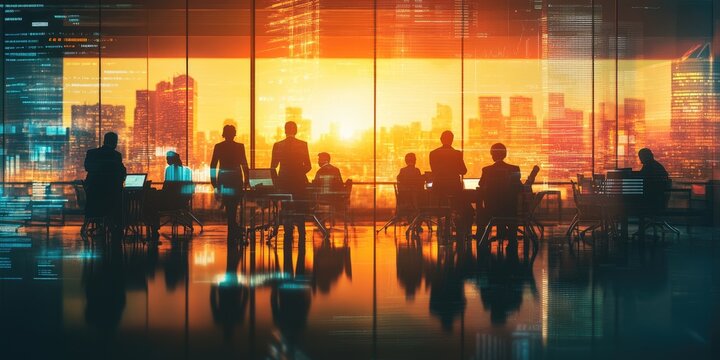 Business professionals engage in a future-focused strategy session, brainstorming innovative solutions to address emerging market trends.