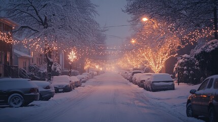 Snow covered street with christmas lights illuminating the snowy night