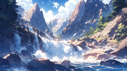 Melting snow produces a powerful waterfall surrounded by snowy mountain peaks, colorful anime style