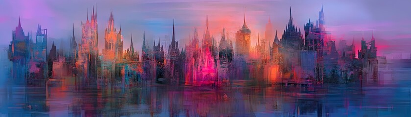 Watercolor painting of a city skyline with a pink and purple sunset.