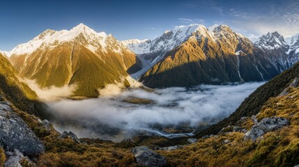 Obraz premium Mountain Valley Embraced by Low-Lying Clouds
