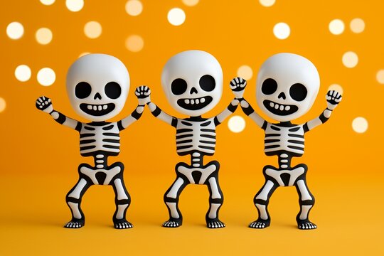 Three cartoon skeletons with arms raised in a line against a bright orange and bokeh background.