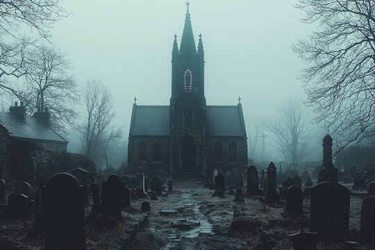 mysterious church with a spire rises from the foggy landscape surrounded by neglected graves