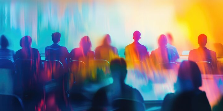 Blurred figures at an educational seminar, depicted in an abstract image with ambient lighting that highlights the intellectual atmosphere.