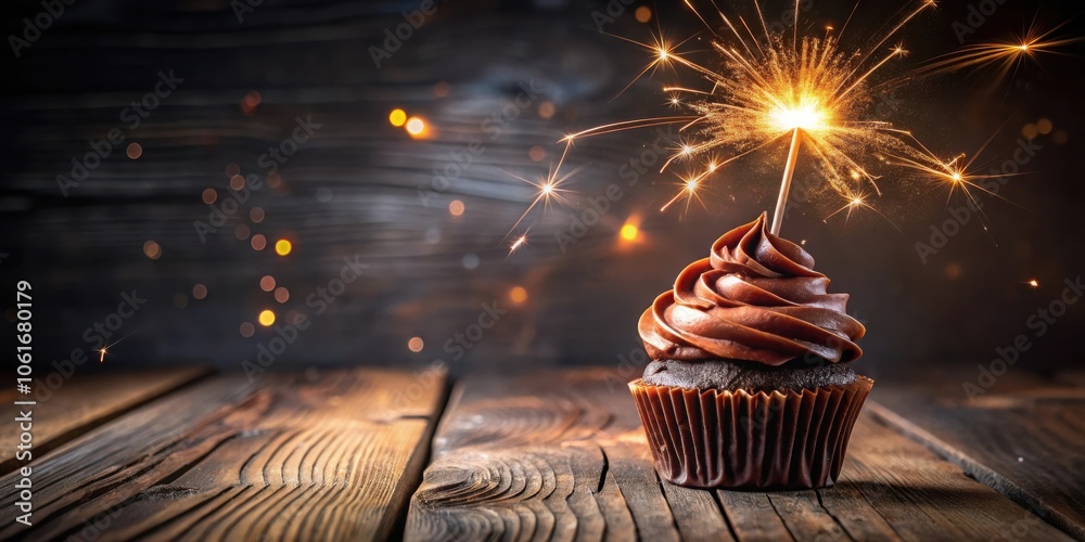 Poster A single chocolate cupcake with a lit sparkler on top sits on a wooden table with a blurred background of bokeh lights.