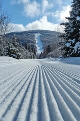 Obraz premium Perfectly groomed cross-country ski trail leading to snowy mountain on sunny day