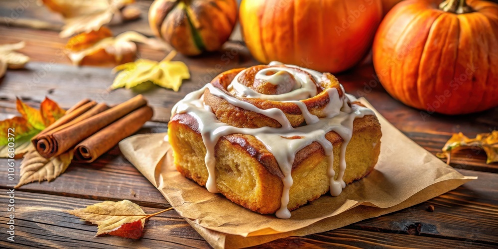 Poster a close up of a glazed cinnamon roll with fall leaves and pumpkins in the background