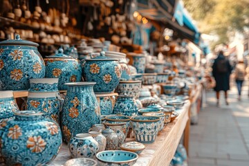 Traditional ceramic pottery displayed on wooden table at outdoor market