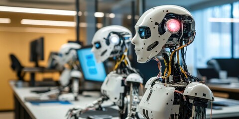 Fototapeta premium An advanced cybernetics research lab featuring sophisticated robotic prototypes, where scientists test new technologies.