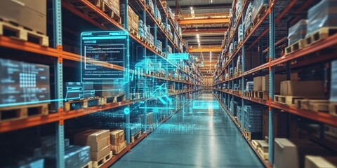Well-organized warehouse presenting digital shelf labels, AI-based logistics, and automated storage and retrieval systems.