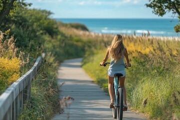 Young woman riding bicycle on wooden path near beach in summer