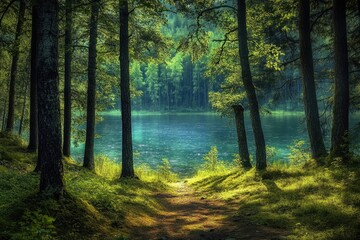 Naklejka premium A dirt path runs through the middle of a forest, with a body of water visible in the background