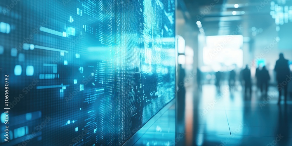 Poster Digital signature on a futuristic touchscreen device appears, with a blurred background of a corporate office setting enhancing the focus.