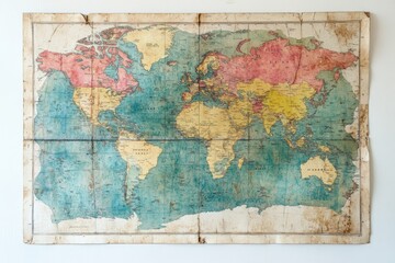 Vintage folded world map showing countries and continents