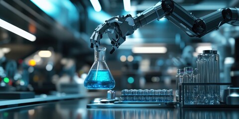 In a high-tech lab, a robotic arm handles a flask of blue liquid, surrounded by lab equipment.