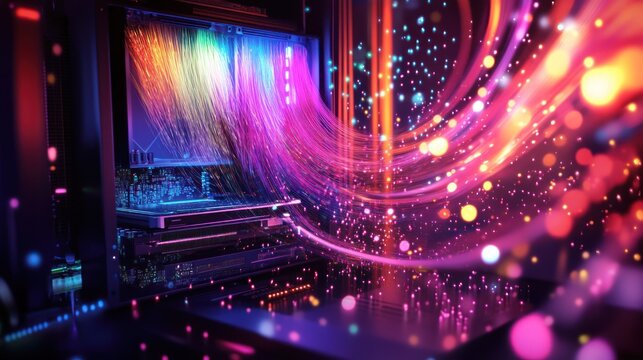 A vibrant, high-tech gaming PC interior with RGB lights illuminating the fans, cables, and components. Bright neon colors create a futuristic and energetic visual, highlighting the intricate hardware 