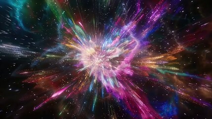 Obraz premium Vibrant fireworks display against dark night sky symbolizing new beginnings, dynamic burst of light captured with wide-angle lens, ample copy space for text or design elements.