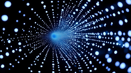 Space background with radial light burst. Glowing particles with spiral motion effect. Shimmering star dust with luminous dots. Cosmic energy and galaxy exploration concept