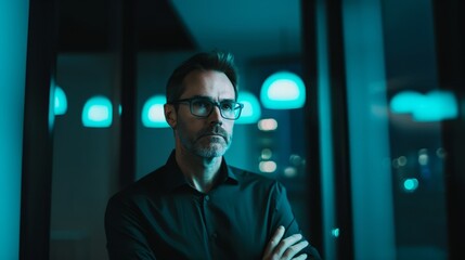 A man in glasses and a black shirt is by a window
