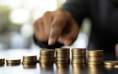 Close-up of a woman's hand stacking coins, symbolizing savings, budgeting, financial planning, and investment concepts.