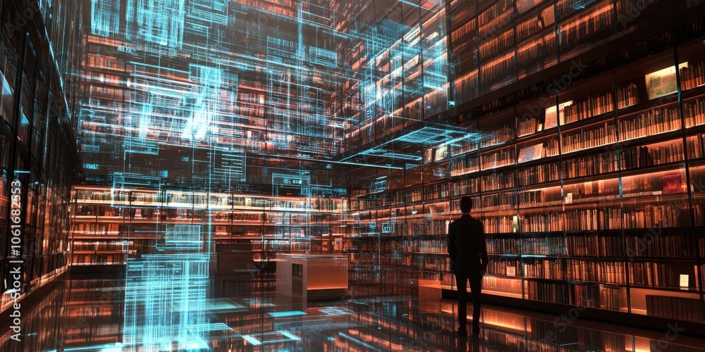 Leinwandbilder An advanced digital library interface with holographic bookshelves, where users access information via augmented reality.