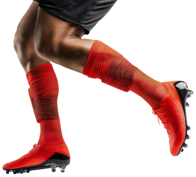 Athletic soccer football player, dynamic legs isolated athlete shoes, competitive socks action shorts game, professional training motion, sporty match playing
