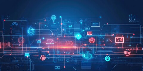 Obraz premium A futuristic business network is characterized by radiant lines linking diverse devices and icons, symbolizing the essence of digital strategy.