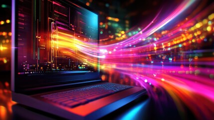 Fototapeta premium A vibrant, high-tech gaming PC interior with RGB lights illuminating the fans, cables, and components. Bright neon colors create a futuristic and energetic visual, highlighting the intricate hardware 