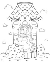 Coloring book and page for children. Fairy Tale scene with cute princess in the tower black and white illustration. Vector illustration in a cartoon style.
