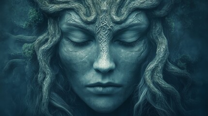 Obraz premium Enigmatic portrait of a female forest spirit with textured, leaf-like skin and closed eyes, blending nature and mystery in a serene ambiance.