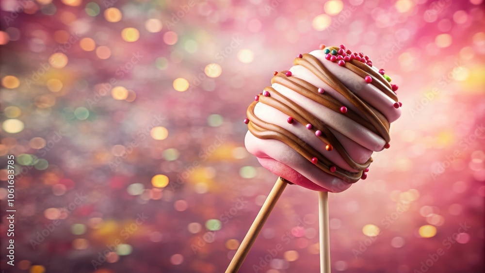 Poster a pink and brown swirl cake pop with colorful sprinkles on a stick against a bokeh background