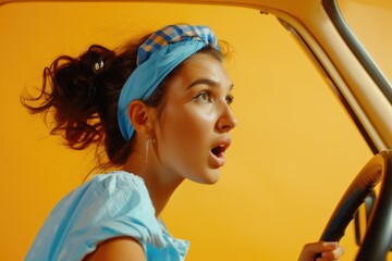 A woman wearing a blue dress drives a car, one informative phrase about the image and a one phrase with a short advice of where may be used this picture
