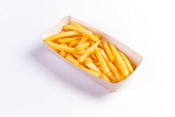 French fries are in the package. On a white background.