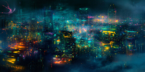 Obraz premium Futuristic cityscape at night with neon lights. High-rise skyscrapers in blue, green, and orange colors, surrounded by mist and clouds. Cyberpunk atmosphere. Sci-fi and technology concept