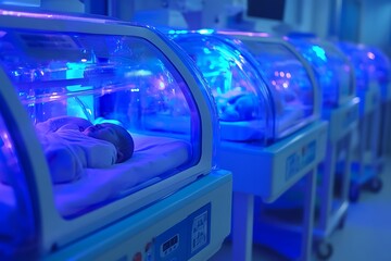 Row of incubators with blue light for newborn babies sleeping in hospital nursery ward