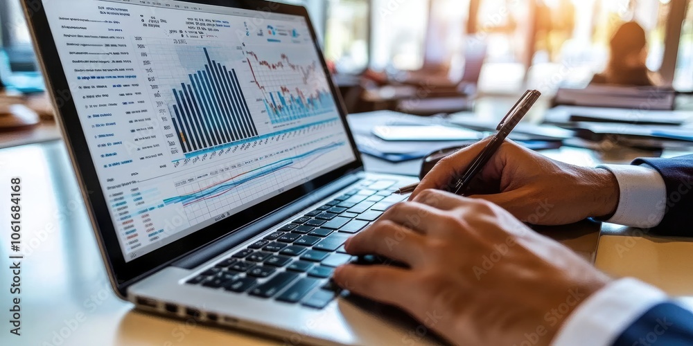 Poster a financial analyst preparing quarterly reports on a laptop, with detailed spreadsheets and data cha