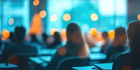 A classroom seminar depicted in a blurred, soft-lit image, with abstract lighting and background details emphasizing the learning environment.